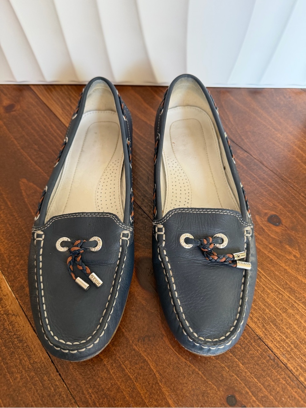 Geox Navy Leather Driving Moccasins with Braided Trim